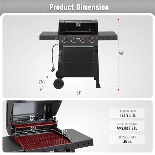 4-Burner Propane Gas Grill, Outdoor Grill with 2 Side Tables and Porcelain-Enameled Grates for Patio BBQ, 36000 BTU Powerful for Outdoor Cooking, Black - Perfect for Your Next Backyard BBQ