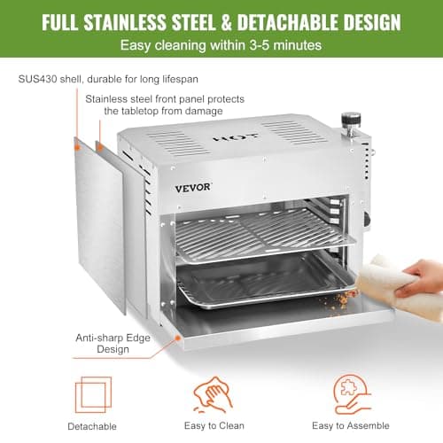 VEVOR Propane Steak Grill, Portable Propane Steak Cooker, 1500°F Stainless Steel Barbecue Infrared Grill with 6-Tier Adjustable Rack, Steak Cooker Machine for BBQ, Toast, Grill, Outdoor Picnic