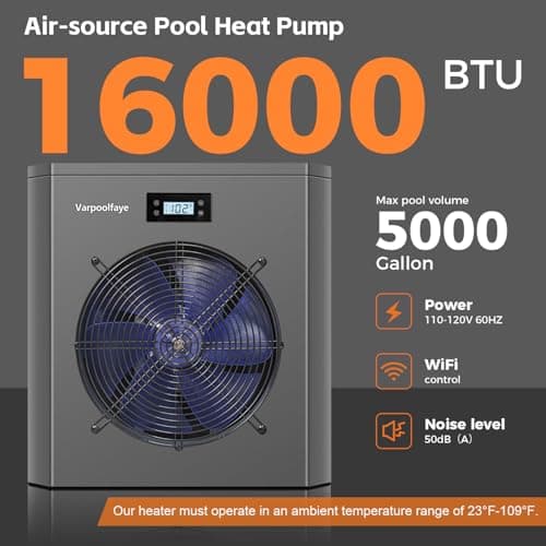 Electric Pool Heater Pump 5000 Gallon 120v Pool Heaters for Above Ground Pools 16000 BTU Swimming Pool Heat Pump WiFi Control Heat Or Cool Spa Heater Pump