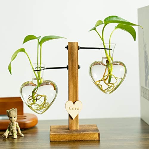 Kingbuy Hydroponic Glass Vase Vintage Desktop Plant Terrarium Planter Bulb Vase Water Planting Propagation Vase Planters Hydroponics Plants with Retro Wooden Stand Home Garden. (E（2 Heart Vase）)