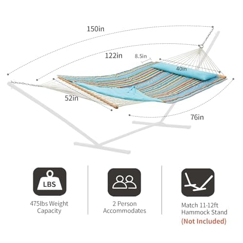 Outdoor Double Hammock with Hardwood Spreader Bars, Cotton Rope Hammock with Polyester Pad and Pillow, 475 LBS Capacity 2 Person Hammock, Large Hammock for Patio Backyard Poolside - Bule Stripe