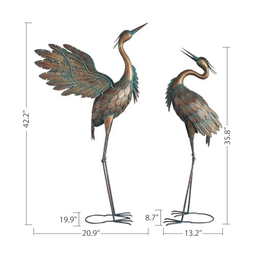 Metal Heron Yard Art, Standing Garden Sculptures & Statues for Outdoor Decor, 38-42 Inch Set of 2, Copper