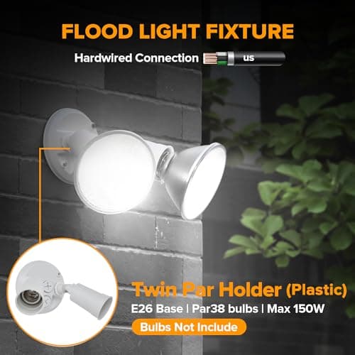 LUTEC 2 Pack Adjustable Twin Par Holder Outdoor Flood Lights, Switch Controlled Security Lights, Floodlights Fixture, Waterproof Exterior Max 300 Watt Par38 Flood Light for Garage, Yard, Porch-White