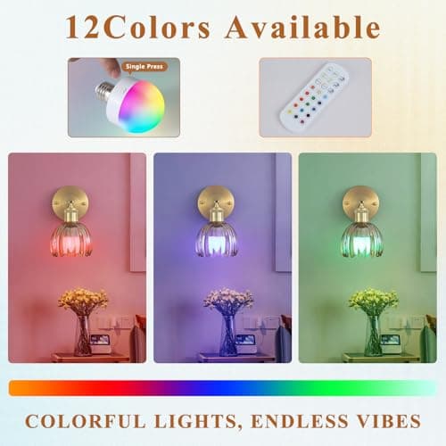 Vintage Battery Operated Wireless Wall Sconces, Rechargeable Gold Wall Lights，Amber Tulip Glass Lampshade With Remote Dimmable Wall Lighting Indoor, Led Wall Lamp Fixtures For Bedroom, Living Room