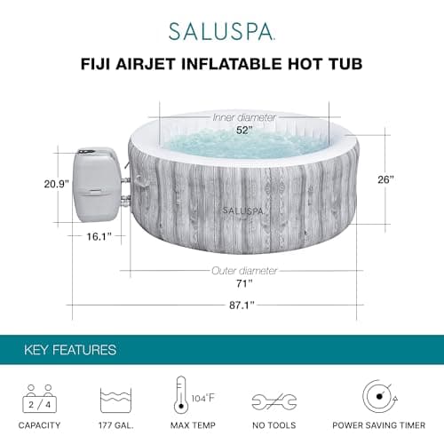 Bestway 2-4 Person SaluSpa Fiji Signature AirJet Inflatable Hot Tub Spa, 71" x 26" Round Portable Spa with 120 Soothing Jets and Insulated Cover