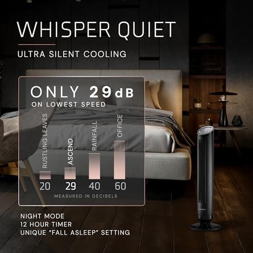 LASKO Ascend 36" Tower Fans for Home, 29 ft/s Airflow, Quiet 29dB on Low, 90° Oscillation, 12 Hour Timer, Air Filter for Hair & Dust, Remote, Black, OST100