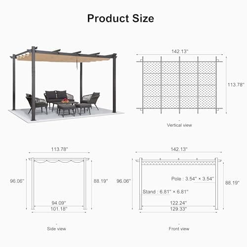 PURPLE LEAF 10' X 12' Outdoor Retractable Pergola with Sun Shade Canopy Patio Metal Shelter for Garden Porch Beach Pavilion Grill Gazebo Modern Yard Grape Trellis Pergola, Beige