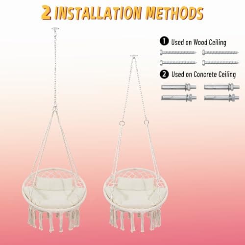 Macrame Hammock Hanging Swinging Chair with Medium Cushion, Perfect for Bedroom, Porch, Adults, Balcony, Beige