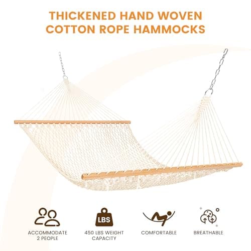 Lazy Daze Hammocks Double Rope Hammock, 2 Person Traditional Outdoor Hand Woven Cotton Rope Hammock with Spreader Bar, Chains, Tree Straps for Patio Yard - Max 450 Lbs, Natural
