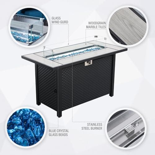 45 Inch Fire Table for Outside 60000 BTU Steel Gas Fire Pit Outdoor Fire Pit Table with Woodgrain Marble Tabletop Glass Wind Guard Cover and Blue Crystal Beads