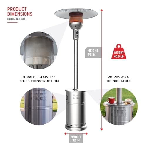 Nexgrill Sundara 92" Stainless Steel Outdoor Patio Heater, 48,000 BTUs, 2 Wheel Transport, Electronic Ignition, Easy Tank Access, Control Knob, Propane Heater for Porch, Garden, Backyard - 920-01001