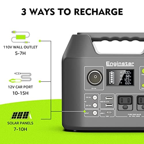 EnginStar Solar Generator, 300W Portable Power Station, 296Wh Lithium Battery Backup w/Two 110V Pure Sine Wave AC Outlet for Camping Road Trip RV, 80000mAh Sufficient Power Supply for Blackout