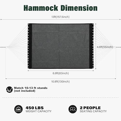 Patio Watcher 13 FT Quick Dry Olefin Hammock - Outdoor Double Hammock with Metal Curved Spreader Bars - 450 lbs Capacity - Dark Grey