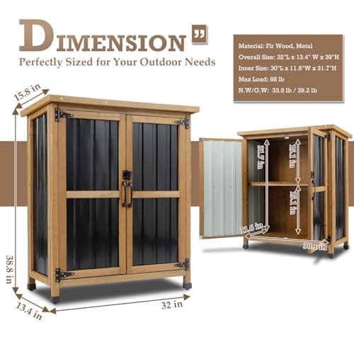 Outdoor Storage Cabinet, Weatherproof Horizontal Storage Shed Box with Lockable Doors, Wood & Metal Patio Backyard Organizer for Lawn Equipment, Gardening Tools, Pool Accessories Yard Supplies