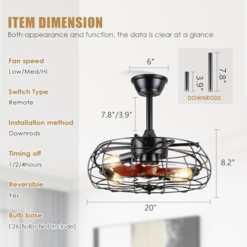 Asyko Caged Ceiling Fans with Lights - Black Outdoor Ceiling Fan with Remote and Reversible Fan Blades, Bladeless Low Profile Fan Light Fixtures for Indoor, Patios, Farmhouse(E26 Bulbs Not Included)