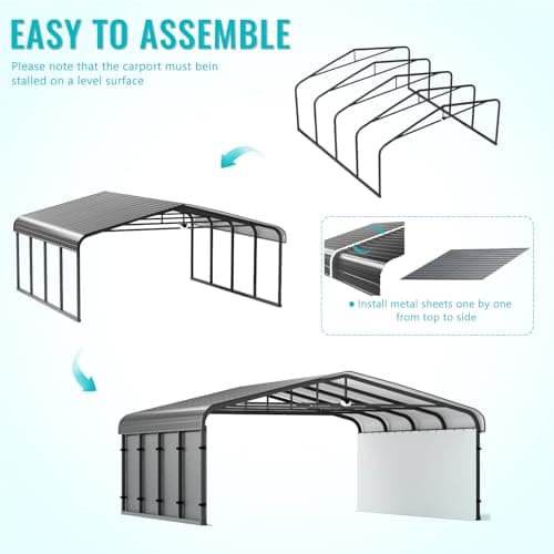 Metal Carport,Car Ports 20x20 Heavy Duty Metal for Snow,Car Tent Garage with Galvanized Metal Roof,Outdoor Two Car Carport All Weather with 2 PE Sidewalls