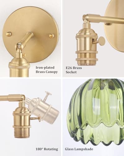 Vintage Battery Operated Wall Sconce with Green Tulip Glass Lampshade Wireless Rechargeable Battery Powered Wall Light with Remote Control for Bedside Bedroom Doorway, Set of 2