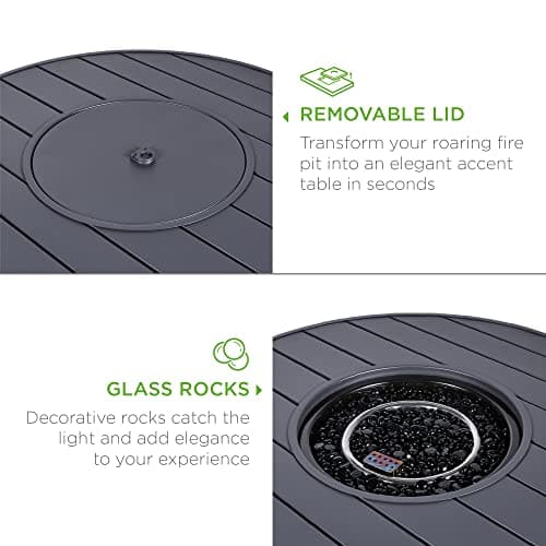 Best Choice Products 32in Round Gas Fire Pit Table, 50,000 BTU Outdoor Wicker Patio Propane Firepit w/Faux Wood Table Top, Glass Beads, Cover, Hideaway Tank Holder, Lid - Gray