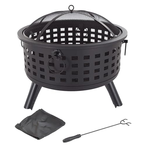 Outdoor Fire Pit - 26-Inch Round Lattice Wood Burning Firepit with Screen, Poker, Grate and Cover - Wood Fire Pits & Outdoor Fireplaces by Pure Garden