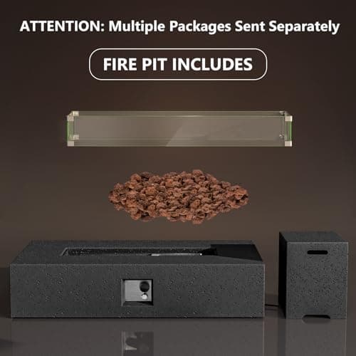 COSIEST 56 x 28 inch Outdoor Propane Fire Pit Coffee Table w Concrete Rectangle Base, CSA Certified, 50,000 BTU, Free Lava Rocks and RainCover, Fits 20lb Tank Outside, Wind Guard, Tank Cover, Gray
