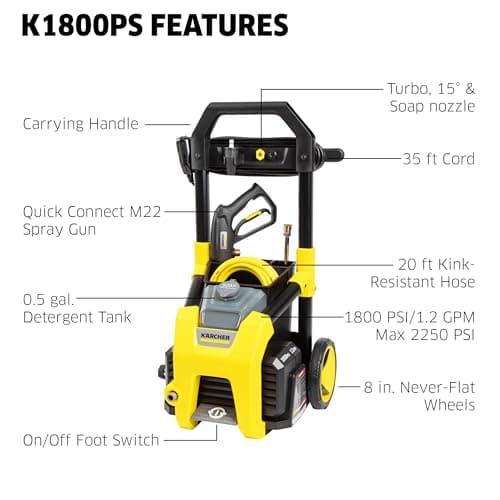 Kärcher Pressure Washer K1800PS, Max 2250 PSI, 3 Spray Nozzles, Detergent Tank, For Cars, Driveways, Siding, Patios, 1.46 max. GPM