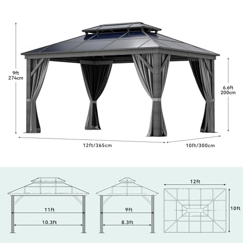 YITAHOME 10X12FT Hardtop Polycarbonate Gazebo Outdoor Patio Double Top Canopy Galvanized Iron Aluminum Column Garden Tent Curtains Netting for Backyards Decks Lawns,Gray
