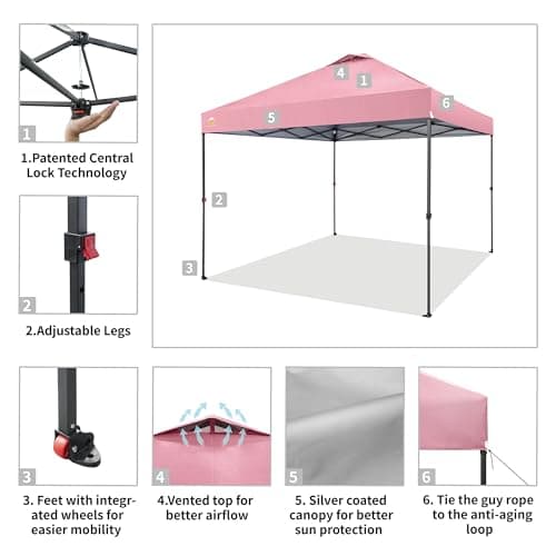 CROWN SHADES 10x10 Pop Up Canopy, Patented Center Lock One Push Instant Popup Outdoor Canopy Tent, Newly Designed Storage Bag, 8 Stakes, 4 Ropes
