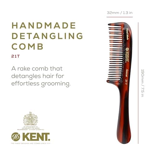 KENT 21T 8 Inch Large Hair Detangling Comb, Wide Teeth for Thick Curly Wavy Hair. Long Hair Detangler Comb For Wet and Dry. Handmade of Quality Cellulose, Saw-Cut Hand Polished, Made in England
