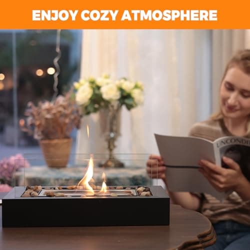 Safer Burning Rectangle Tabletop Fire Pit, Smores Maker Kit, Portable Indoor/Outdoor Table Top Firepit,Table Fireplace with Cobblestones - Gift for Home Decor & Balcony Parties, Housewarming Gift