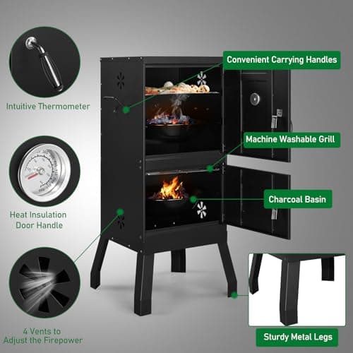Outvita Outdoor Smoker with Double Doors, Vertical Charcoal Smoker, Outdoors Charcoal Barbeque with 2 Detachable Grill Netting Smoking Racks, Suitable for Lawn Picnic, Backyard BBQ, Black