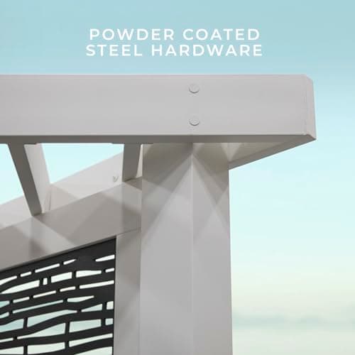 Backyard Discovery Ridgedale 12' x 8' Modern Glavanized Steel Cabana Corner Pergola with Conversation Seating, Shade Sail Canopy, Privacy Panels, Table for Outdoor Patio, Deck, Poolside, Entertaining