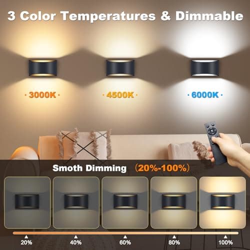 Battery Operated Wall Sconce with Remote Control,No Hardwired Wall Sconces Set of Two,3000K-6500K,Dimmable LED Wall Lamps,50W Equivalent Wall Lights for for Bedroom, Living Room, Hallway