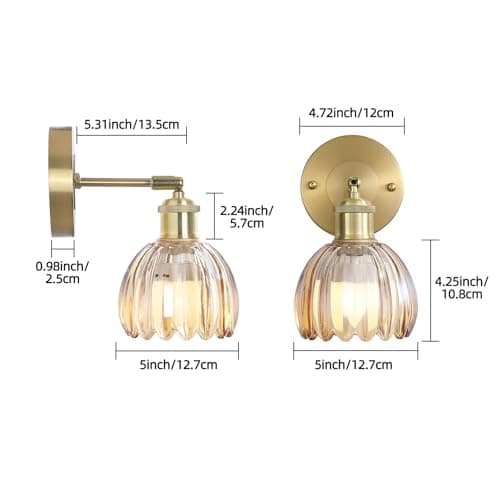 Vintage Battery Operated Wireless Wall Sconces, Rechargeable Gold Wall Lights，Amber Tulip Glass Lampshade With Remote Dimmable Wall Lighting Indoor, Led Wall Lamp Fixtures For Bedroom, Living Room