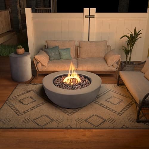 2-Piece Outdoor Propane Fire Pit Table Set w/Tank Cover Table, 31.5-inch 50,000 BTU CSA Certification Bowl Concrete Firepit SUS201 Round Burner with Steel Lid, Lava Rocks, Rain Cover…