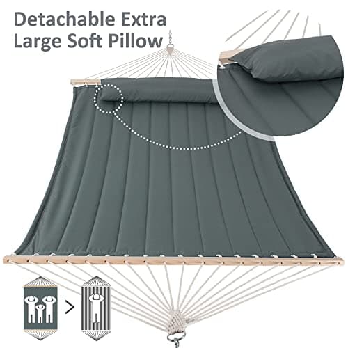 SUNCREAT Double Hammock for 2 Person, Extra Large Outdoor Portable Hammock with Hardwood Spreader Bar, Soft Pillow, 475 lbs Capacity, Gray Green
