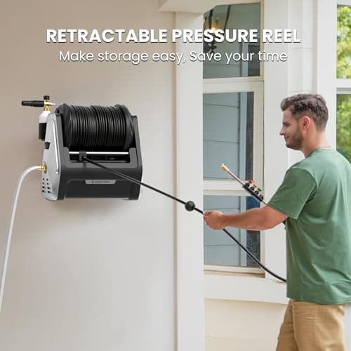 Giraffe Tools Grandfalls Pressure Washer, Max 2900 PSI, 2.2 GPM Electric Wall Mounted Power Washer with 100ft Retractable Pressure Hose, Foam Cannon, 4-Nozzles for Car/Driveways/Patios, Light Silver