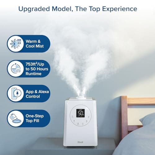 LEVOIT LV600S Smart Warm and Cool Mist Humidifiers for Home Bedroom Large Room, (6L) 753ft² Coverage, Quickly & Evenly Humidify Whole House, Easy Top Fill, App & Voice Control - Quiet Sleep Mode