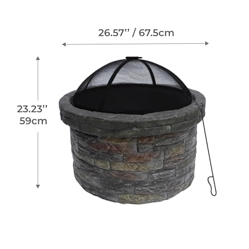 Teamson Home 26.5 in. Round Decorative Faux Slate Stone Outdoor Wood Burning Fire Pit with Spark Screen, Poker and Grill Grate for Self-Contained Fires for Entertaining at Home, Multicolored Stone