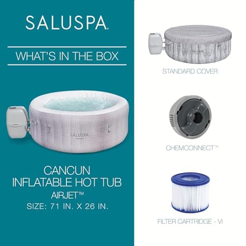 Bestway SaluSpa Cancun AirJet 2 to 4 Person Inflatable Hot Tub, 71 x 26 Inch Round Portable Outdoor Spa with 120 Soothing Jets and Cover, Gray