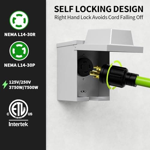 25Feet 30 Amp Generator Extension Cord 4 Prong,Heavy Duty NEMA L14-30P/L14-30R,125/250V 7500W,Green 10 Gauge STW Twist Locking Generator to House Power Cords with Cord Organizer,ETL Listed