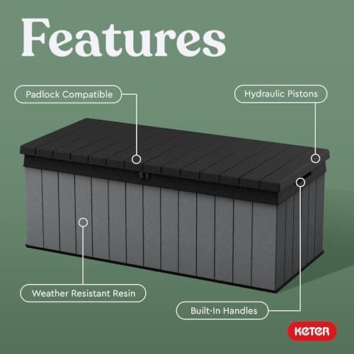 Keter Darwin 100 Gallon Resin Large Deck Box Organization and Storage for Patio Furniture, Outdoor Cushions, Garden Tools, Grey & Black