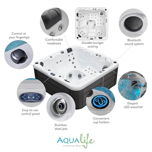 Surfaces Outdoor Hot Tub, Fits 4 Adults, 36 Jets, Double Lounger Seat Spa, Bluetooth, LED Lights, Cover Included, Wellness Tool, Aqualife by Strong Spas