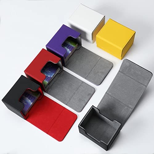 Yookeer 6 Pack Leather Deck Cases 100+ Card Deck Game Box Magnetic Playing Card Storage Box for 100 Plus Cards Compatible with Tcg(White,Black,Red,Yellow,Purple,Horizontal)