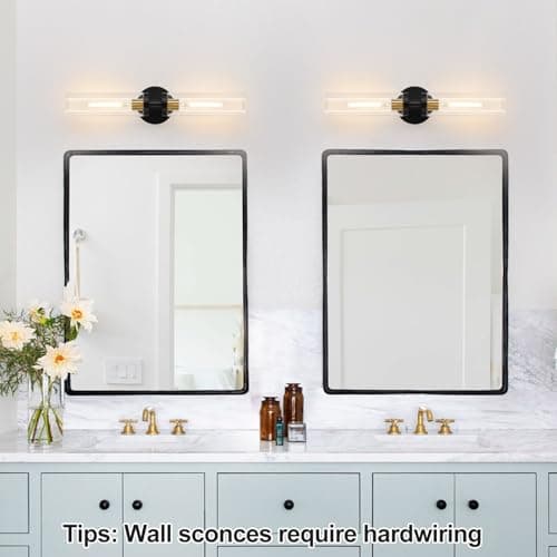 Wall Sconces Set of Two, Black and Gold Bathroom Sconces Wall Lighting with Clear Glass, Modern Sconces Wall Decor Set of 2 Wall Light fixtures for Bathroom Mirror Living Room Hallway Bedroom