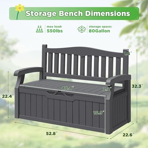 Greesum 80 Gallon Storage Bench Outdoor Deck Box with Armrest, Patio Furniture,Lockable, Waterproof and UV Resistant, Suitable for Garden, Pool, Grey