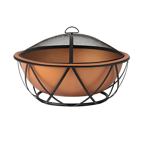 Fire Sense 62241 Fire Pit Barzelonia Copper-Look Wood Burning Lightweight Portable Outdoor Firepit Backyard Fireplace Camping Bonfire Included Screen Lift Tool & Cooking Grate - Round - 26"