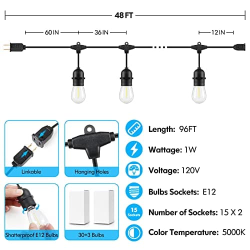 Lakumu 2-Pack 96FT Outdoor String Lights with Waterproof Shatterproof Dimmable 5000K Daylight White E12 Filament S14 LED Bulbs for Backyard Hanging Lights Linkable Patio Light for Deck Bistro Pergola