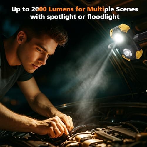 Samyoung 2 Pack Magnetic 2000 LM LED Work Light, 10 Hours Long Lasting 360°Rotating 7000K Warm Rechargeable Work Light Folding Waterproof for Job Site Car Inspection Camping Emergency