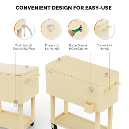 VINGLI 80 Quart Rolling Ice Chest, Portable Patio Party Bar Drink Cooler Cart, with Shelf, Beverage Pool with Bottle Opener