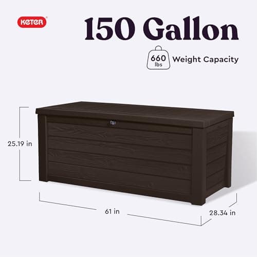 Keter Outdoor Storage Deck Box, 150 Gallon Resin Patio Bin & Bench, Wood Grain, Brown